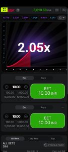 Aviator game interface on mobile with betting options.