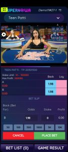 Live Teen Patti game interface showing dealer, betting options, and odds.