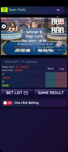 Teen Patti game interface displaying Winner Player B with live dealer and betting options.