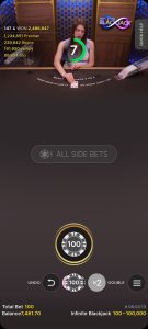 Blackjack game with live dealer and double down betting option on mobile