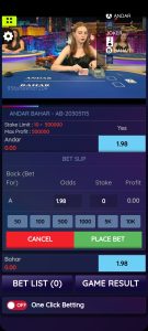 Live Andar Bahar game setup with dealer and mobile betting interface.