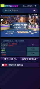 Live Andar Bahar game on mobile with Andar winning.