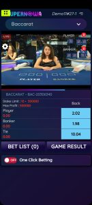 Live Baccarat game interface with betting options on mobile.