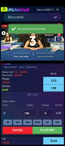 Live Baccarat game with bet placed on Banker.