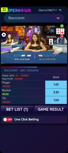 Live Baccarat game showing Player and Banker cards with betting options.