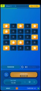 Mine Game interface with tiles and cash out option displayed.