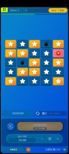 Mine Game grid with revealed stars and a bomb, showing cash out option.