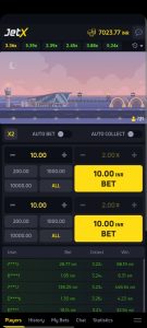 JetX game interface with bet options and live multiplier.