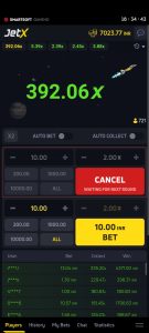 JetX game interface with active bet, multiplier, and player statistics