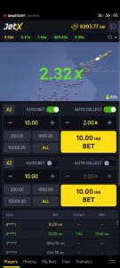 JetX game interface with Auto Bet and Auto Collect options enabled