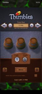 Thimble game interface with bet and options